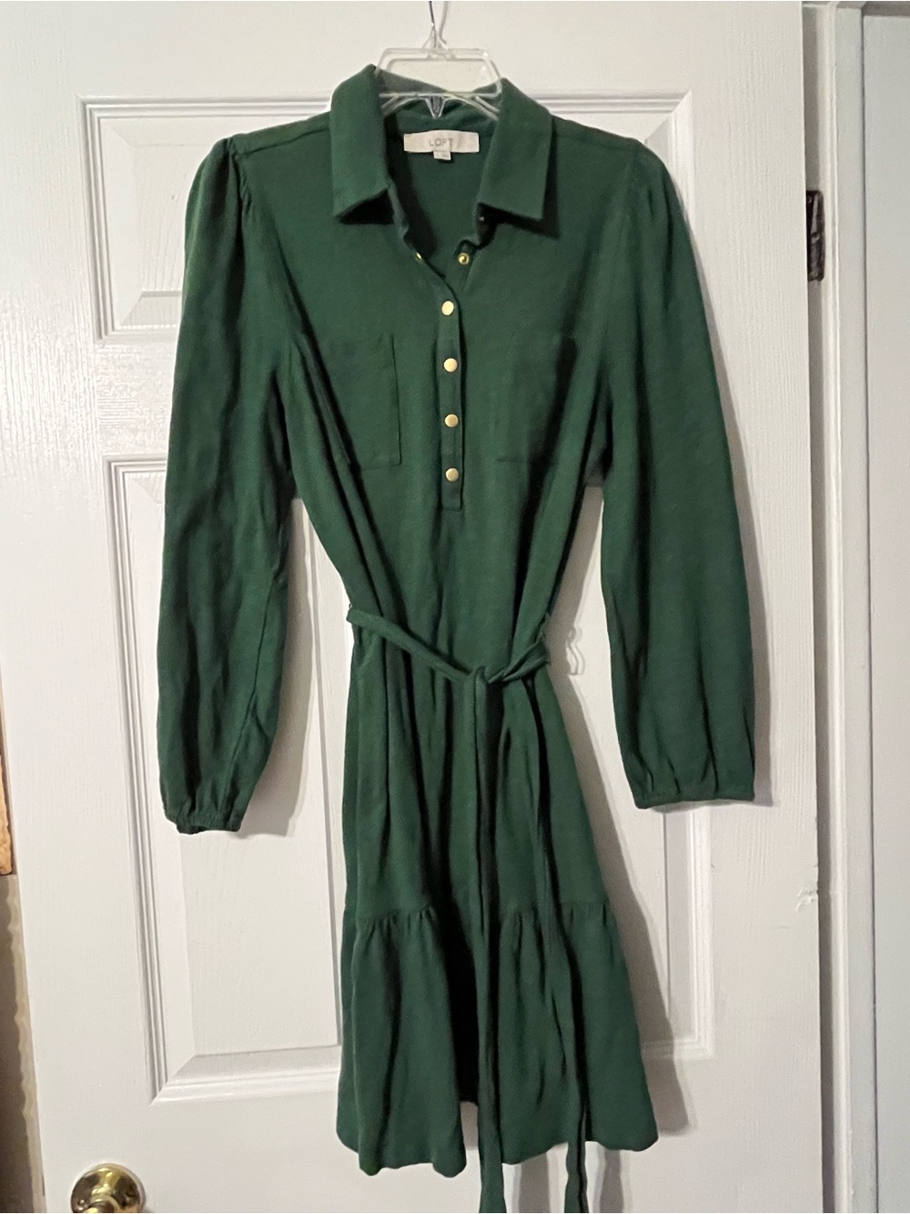 Loft Forest Green Long Sleeve Shirt Dress with Belt large
